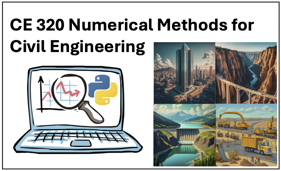 CE 320 Numerical Methods for Civil Engineering with a computer screen with a magnifying glass and the python logo and images of bridges and buildings